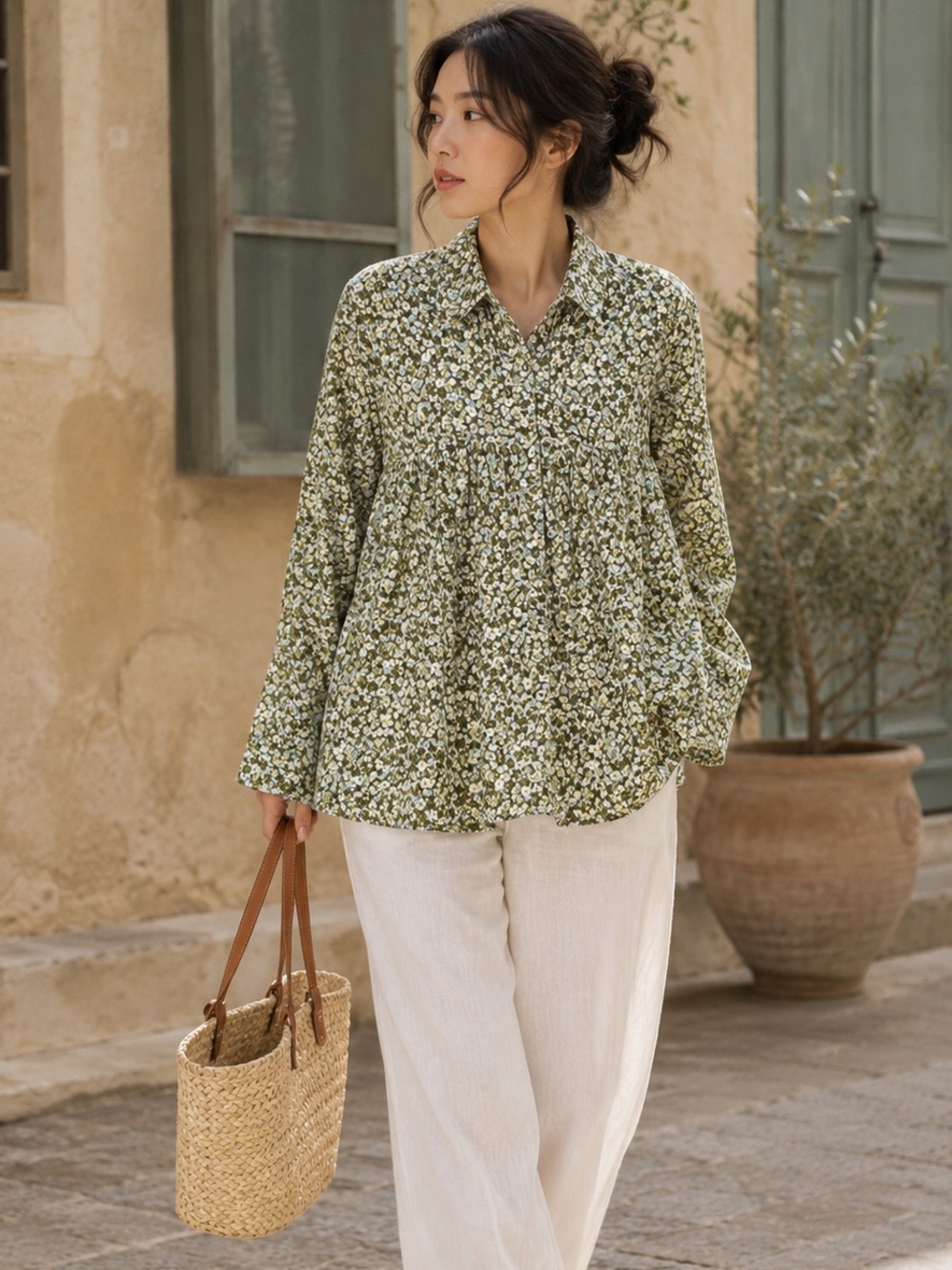 Sunny Clouds Japanese Green Floral Button Up Blouse Cottagecore Boho Feminine